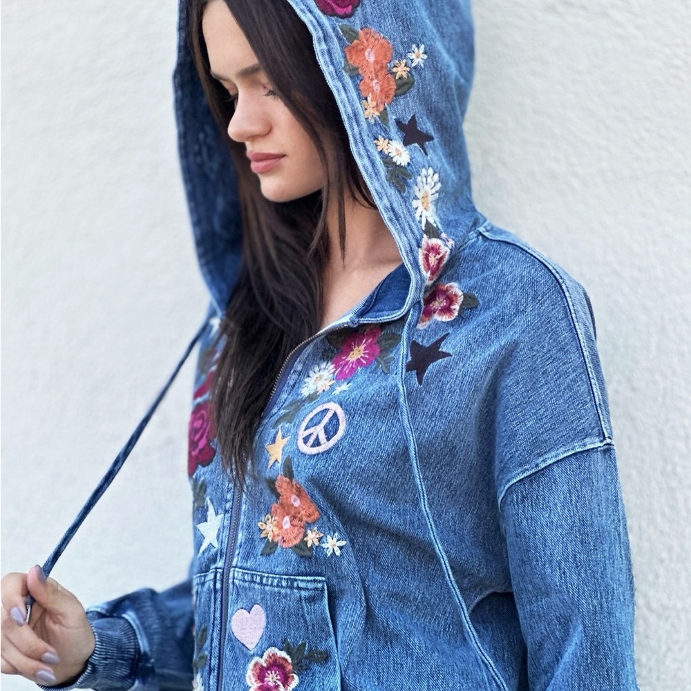 Billy T Camp Happy Hoodie Embroidered Peace Sign Floral Flowers Denim XL - Picture 8 of 13